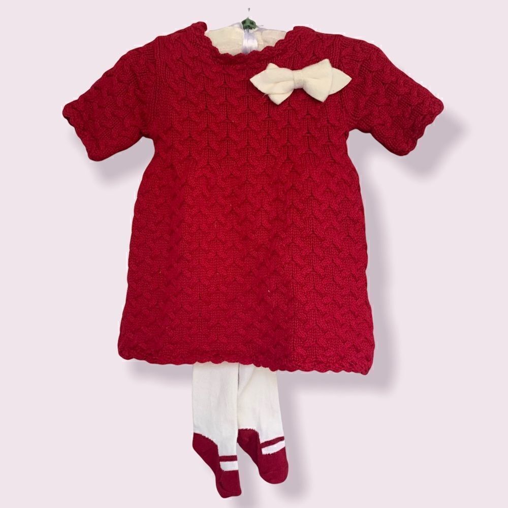 Tahari baby cotton knit Christmas holiday red sweater dress 3-6 month